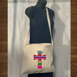 Cross Sarape Print Cotton Canvas Crossbody Messenger Tote Bag
